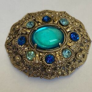 Vintage 1950s German Blue Porphyry Glass Art Nouveau Filigree Costume Brooch HTF